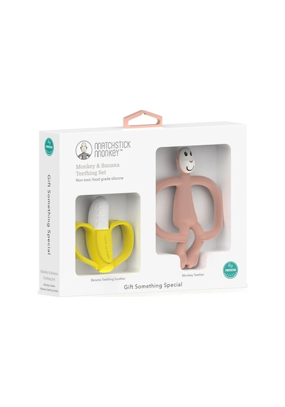 Matchstick Monkey Banana & Monkey Silikon Diş Kaşıyıcı Hediye Seti - Pembe Çok Renkli