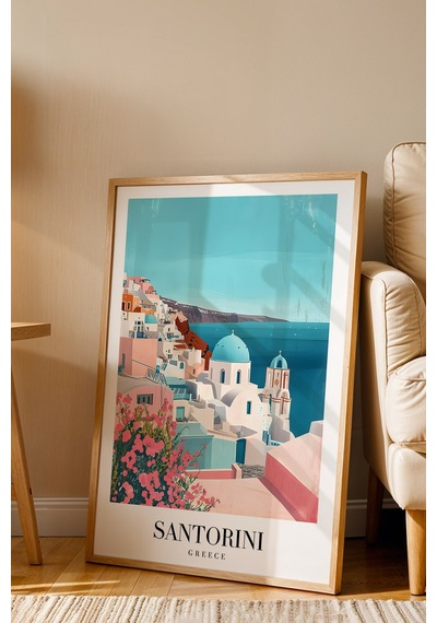 Santorini Greece Vintage Seyahat Posteri Çerçeveli Tablo - Premium Ege Denizi Elit Duvar Dekoru Kayın