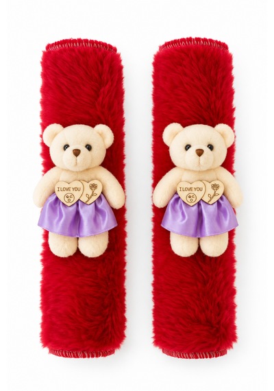 Kemboss Kırmızı Peluş Ayıcıklı 2'li Emniyet Kemeri Pedi Ve 2'li Araç Boyun Yastığı Kadınlara Özel Oto Seti 2'li Set