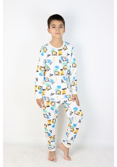 Harika Kids Erkek Çocuk Baskılı İnterlok Kumaş Uzun Kollu Pijama Takımı Beyaz - Mavi Harika Kids Erkek Çocuk Baskılı İnterlok Kumaş Uzun Kollu Pijama Takımı Beyaz - Mavi