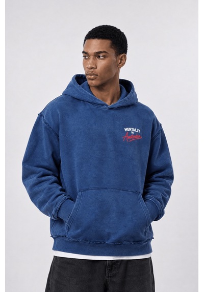 Respire Erkek Pis Dikiş Detaylı Yıkamalı Oversize Hoodie Lacivert