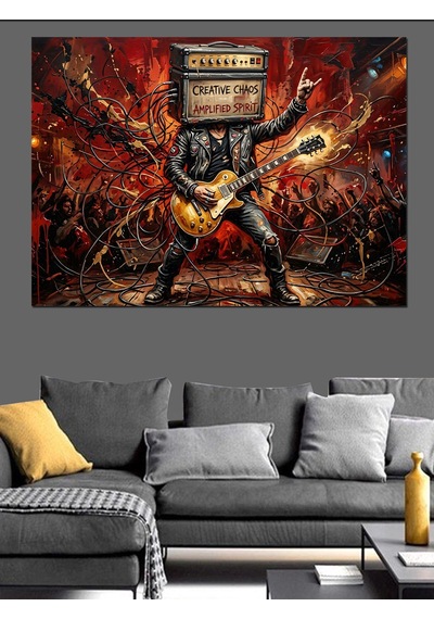 Amfi Kafalı Gitarist Rock Konseri Dekoratif Kanvas - Mdf Ahşap Tablo