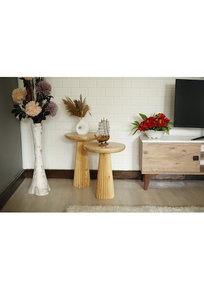 Wood Ahşap 2'li Set Parlak Vernikli Fitilli Mantar Yan Sehpa Modern Fiskos / Çiçeklik / Zigon Sehpa Ahşap