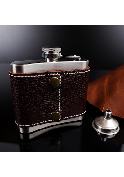 Perlotus Siyah Derili 5 Oz-150 Cc Hunili Çelik Viski İçki Konyak Matarası