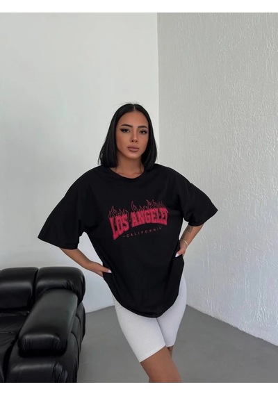 Kadın Kısa Kol Yazlık Tişört Bisiklet Yaka Los Angeles Baskılı T-shirt - Siyah