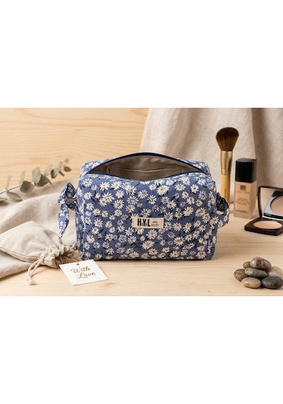 Kapitone Dikişli Denim Papatyalı Makyaj Çantası / Organizer - %100 Pamuk Kumaş Denim - Papatyalı