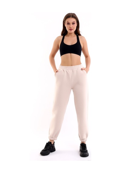 Winmoda34 Jogger Bol Kesim Kalın 3 Iplik Şardonlu Eşofman Altı Kadın Ekru