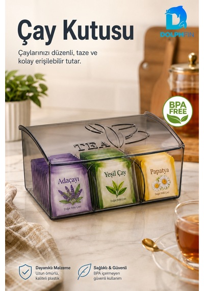 3 Bölmeli Kapaklı Şeffaf Çay Kutusu Poşet Çay Organizeri 22x17x9 Cm Bpa İçermez