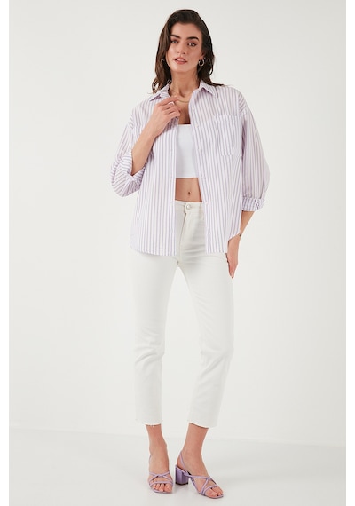 Lela Regular Fit Uzun Kollu Çizgili Bayan Gömlek 6772875 Lila