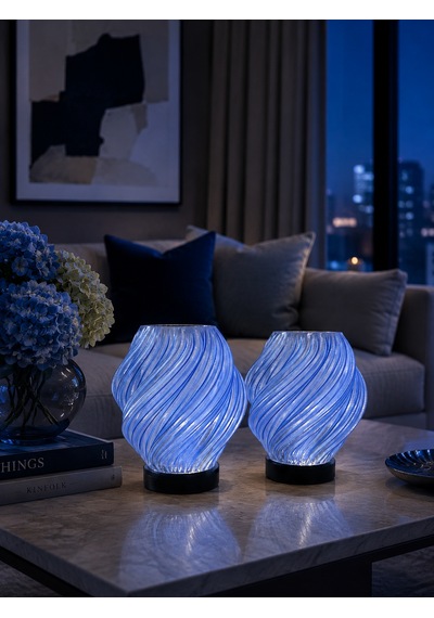 2 Adet Spiral Kablosuz Masa Lambası 11 X 13 Cm Tealight Led Işık Hediyeli Lacivert