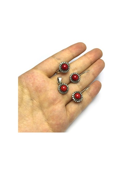 Mercan Taşlı El Işi Otantik Gümüş Üçlü Set (515509612)
