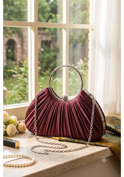 Zeyymoda Bordo Saten Yeni Model Pilseli Abiye Kol Ve El Çantası İnci Taşlı Abiye Şık Çanta Gümüş Kasa