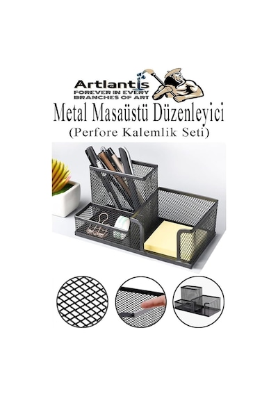 Masaüstü Metal Kalemlik Seti 3 Lü Kombo 1 Paket Fileli Perfore Siyah Kalemlik Ataşlık Kağıtlık Küpnotluk Düzenleyici Diğer