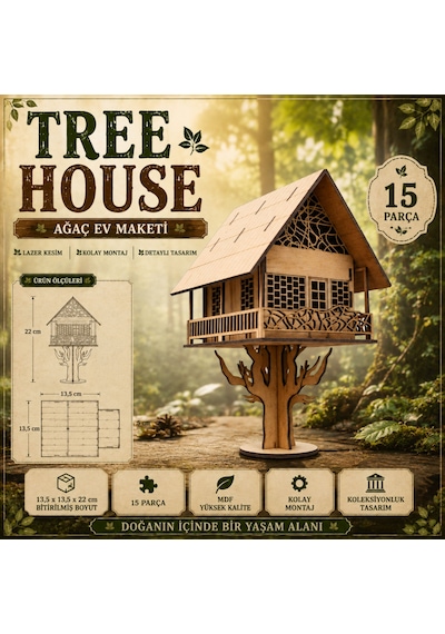 Tree House Ağaç Ev 3d Ahşap Maket 15 Parça Lazer Kesim Mdf Kolay Montaj Koleksiyonluk Puzzle