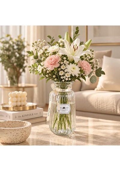 04286 Çizgili Cam Vazo 1300 Ml Kurdele Detaylı Şeffaf Vazosu 22 Cm Çok Renkli