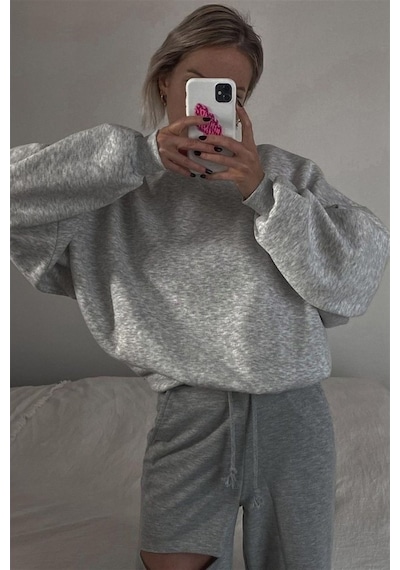 Madmext Madmext MG1559 Bisiklet Yaka Basic Kadın Sweatshirt - Gri