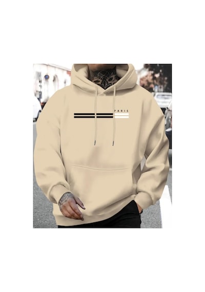 Herkesemoda Cizgi Paris Baskılı Kapşonlu Bej Sweatshirt Bej