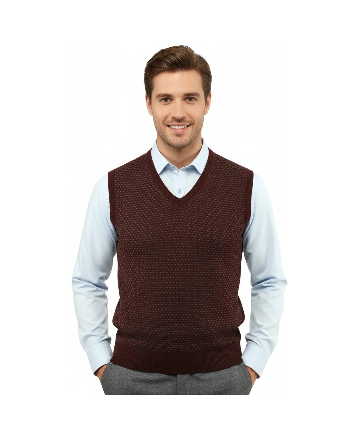 Çizgi Triko Erkek V Yaka Süveter Çelik Örgü Regular Kalıp 5201h Bgl-st04842 Bordo