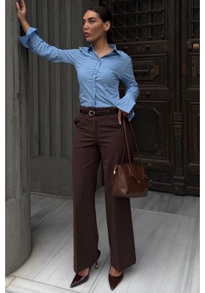 Madmext Kahverengi Çizgili Geniş Paça Normal Bel Kemerli Pantolon Mg2735 Kahverengi