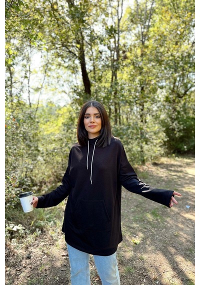 WeShaya Kadın Siyah Uzun Kol, Yakası Bağcıklı, Kapüşonlu, Kanguru Cep, Salaş, Uzun Tunik Sweatshirt Siyah