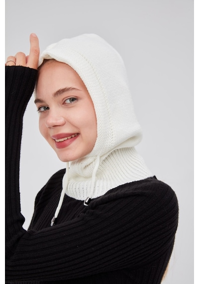 Derikem Lüks Kadın Kışlık Balaclava Triko Örme Başlık Beyaz