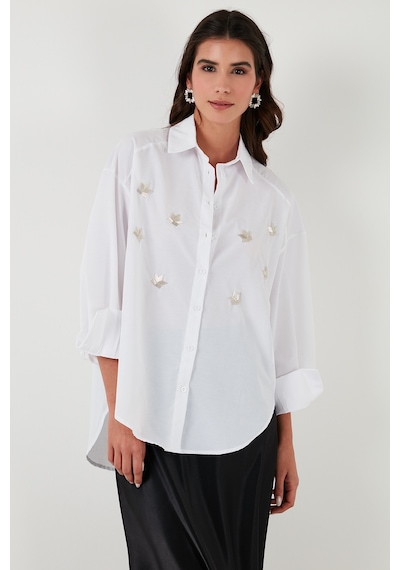 Lela Taş Detaylı Regular Fit Bayan Gömlek 611Go00417 Ekru