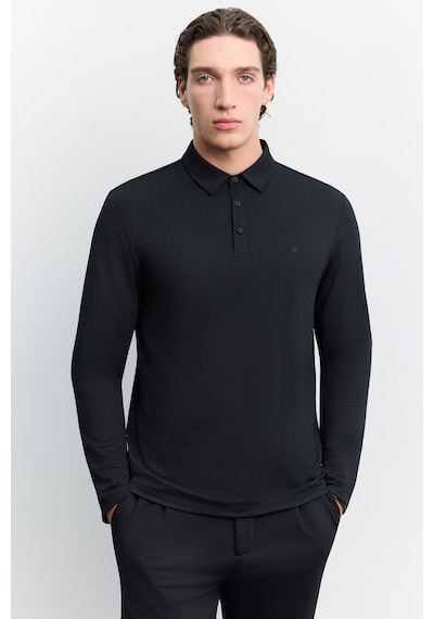 Avva Erkek Siyah Polo Yaka Düğmeli Teknik Kumaş Uzun Kol Basic Regular Fit T-shirt A62y1014