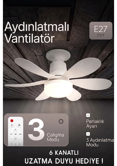 Tavan Vantilatörü Led Işıklı 3 Kademeli Uzaktan Kumandalı Avize Tipi Vantilatör - Uzatma Aparatı li