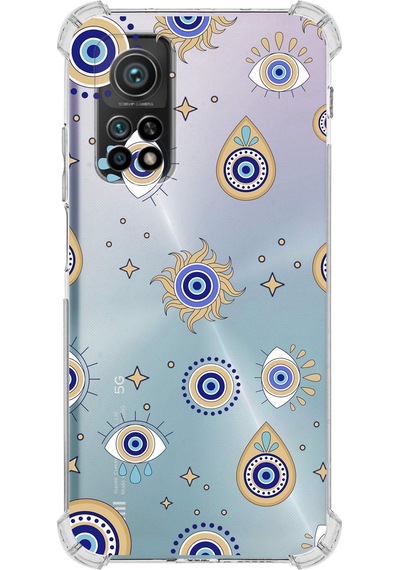 Prinrify Xiaomi Mi 10 T Pro Uyumlu Nazar Boncuğu 5 Baskılı Şeffaf Köşe Korumalı Antişok Kılıf