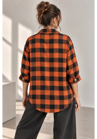 Bb Butik Basic Kadın Ekose Gömlek Oversize Oduncu Gömlek Uzun Kollu Cepli Günlük Tr0935 turuncu