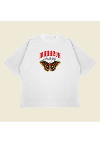 Startmore Monarch Butterfly Baskılı Oversize Unisex Pamuklu Nefes Alan Kalın Kumaşlı Beyaz