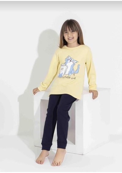 Kız Çocuk Kedi Baskılı Uzun Kollu Pijama Takımı Rahat Ev Giyimi-8411- Sarı
