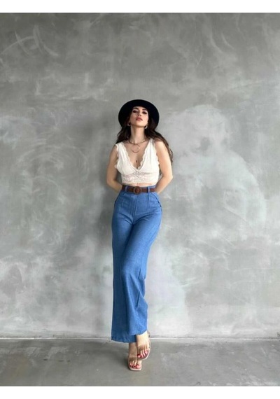 Kadın Yazlık Trend Beli Kemerli Keten Pantolon Saks Mavi Saks Mavi