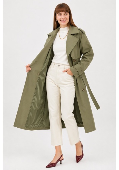 Ressho Kadın Kemerli Uzun Trençkot Su Geçirmez, Astarlı, Oversize Model Haki