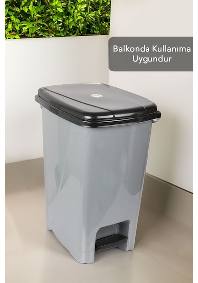 Pedallı Gri Banyo Mutfak Çöp Kovası Siyah Kapaklı Slim Pedallı Çöp Kovası 40 Litre Gri