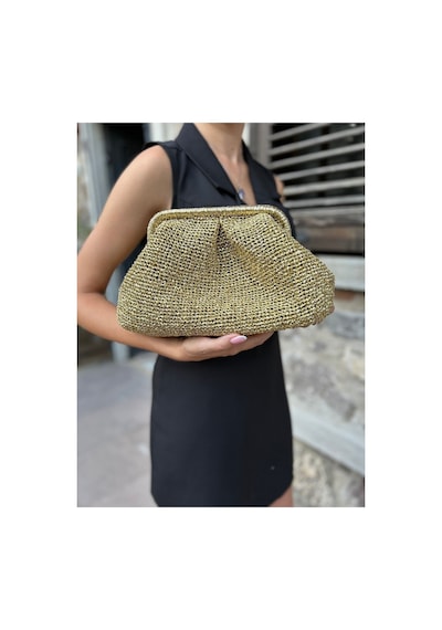 Hobilanka . Bags Altın Renk Parlak Metalik Kağıt İp Portföy Clutch Çanta