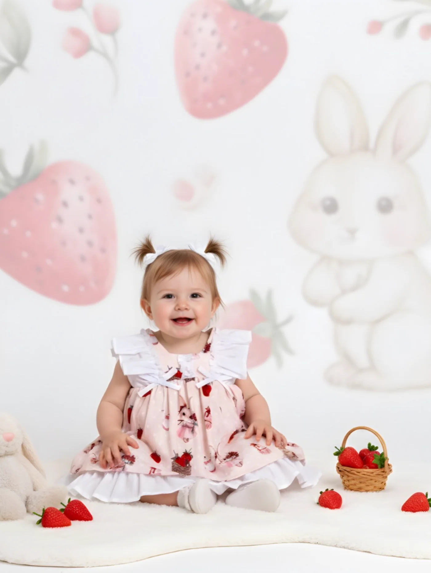 Momercy Tavşan Ve Çilek Baskılı Kız Bebek Elbise Pembe