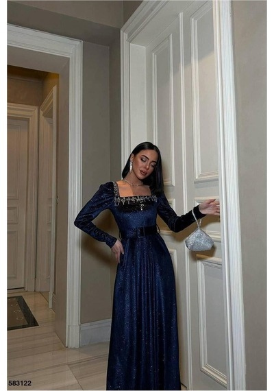 Lior Design Kadın Minimal Tasarım Kare Yaka Kemerli Uzun Kollu Abiye Elbise Lacivert
