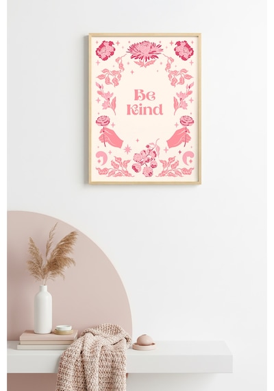 Doğal Ahşap Çerçeveli Retro Floral Tablo - Pembe Çiçekli Boho Desen Huhu2442
