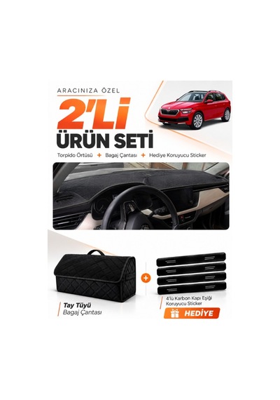 E-biz Skoda Kamıq 2020-2025 Uyumlu Torpido Örtüsü + Tay Tüyü Bagaj Çantası Seti - Siyah - Sk005
