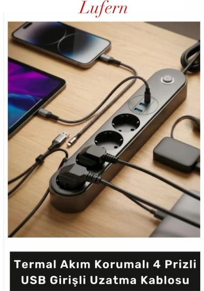 Yüksek Güç Kapasiteli Termal Akım Korumalı 4 Prizli Usb Girişli Uzatma Kablosu Type-c 2500 Watt Standart