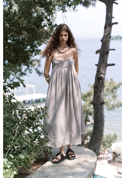 Mai Collection Mai Studios Co. Torrora Uzun Vizon Keten Elbise Vizon