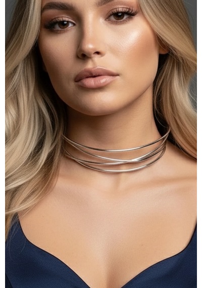 Caş Dekorasyon Gümüş Renk Metal Choker Kolye Gümüş
