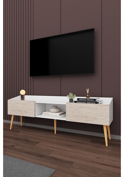 Asra Trend Tv Ünitesi Tv Sehpası T-28 %100 MDF Ayaklı Modern Medya Ünitesi Beyaz - Sidon