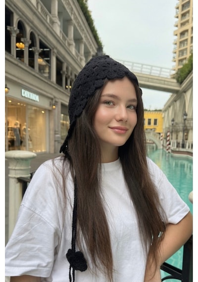 Mollycrush Örgü Yazlık Bere Siyah Çiçek Motifli Hair Band Yazlık Şık Model Siyah