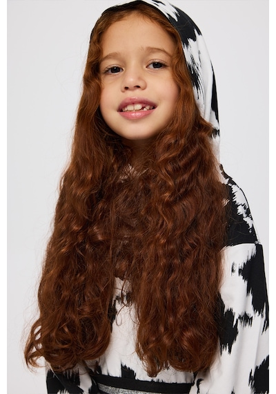 Panço Kız Çocuk Desenli Kapüşonlu Siyah Sweatshirt