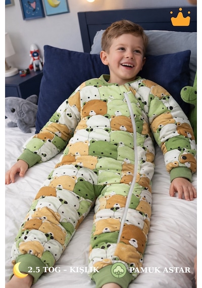 Babyhola 2.5 Tog Yorgan Gerektirmeyen Kalın Elyaf Dolgulu Çocuk Uyku Tulumu Pamuk Astarlı Unisex 6020 Koyu Yeşil