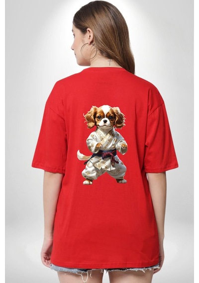 Cavailer King Charles Spaniel Karate Kırmızı Oversize Unisex Ön Ve Sırt Baskılı Tişört Kırmızı