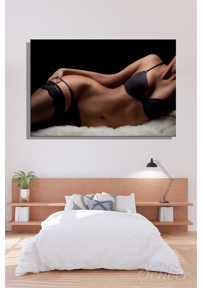 Siyah File Çoraplı Bikinili Kadın Model Renkli Fotoğraf Yatay Kanvas Tablo Tekli Ev Kafe Ofis 3145