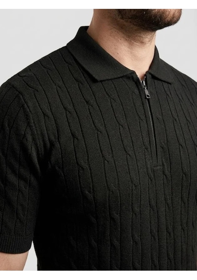 Efnaz Style Erkek Yazlık Triko Saç Örgü Tişört Kısa Kol Polo Yaka Fermuarlı T-shirt - Siyah Bej